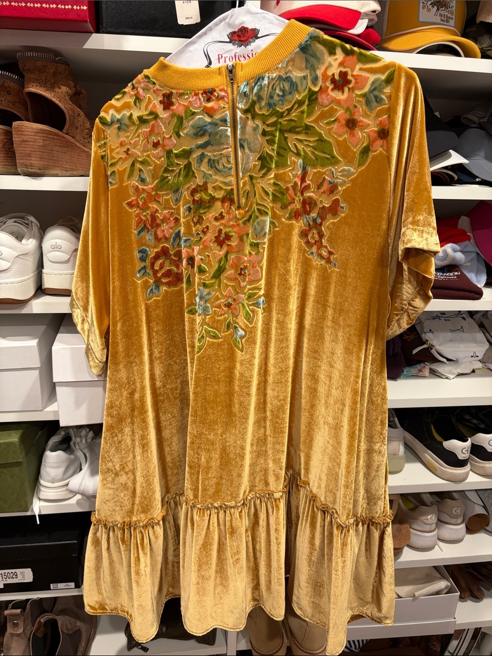 Free People Mustard Velvet Floral Embroidered Mini Dress - Picture 2 of 2